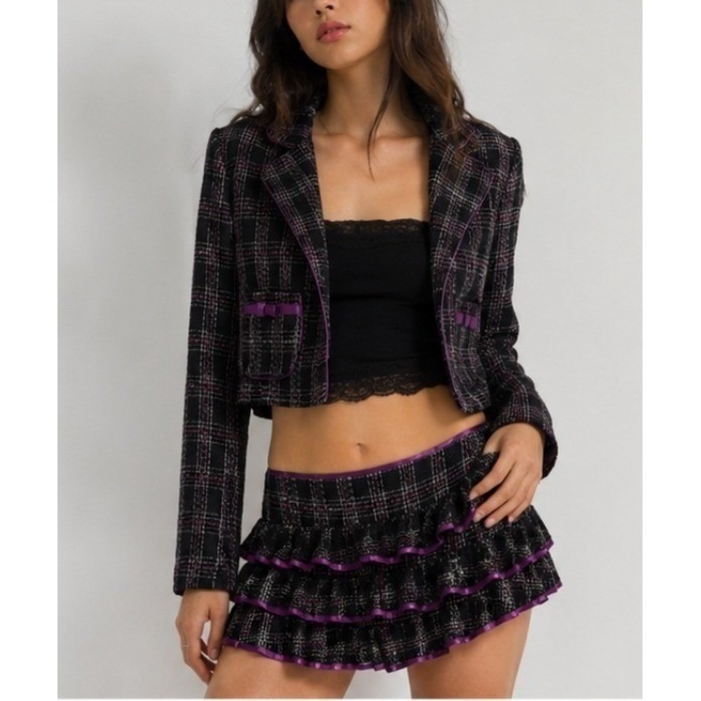 Rampage Plaid Tweed Cropped Blazer and Tiered Mini Skirt Set Black Purple Y2K